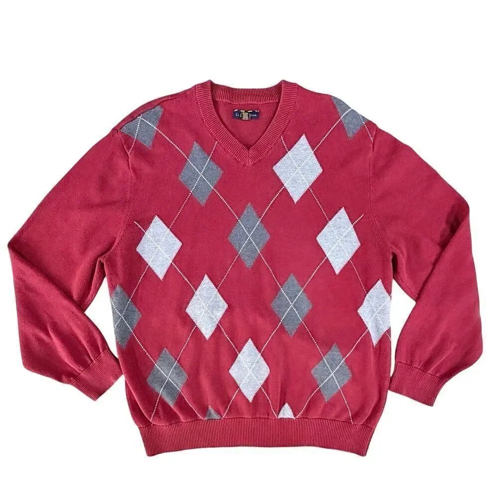 Charter Club Sweater XL Red Gray Argyle Preppy Academia Retro Knit Pullover